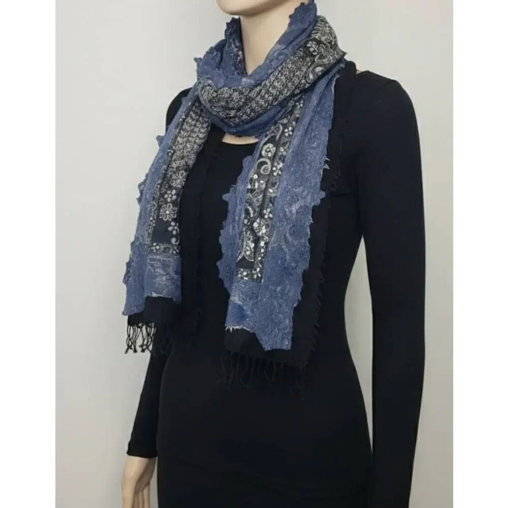 Handmade fine 100% wool womens long scarf paisley blue black fringe patchwork